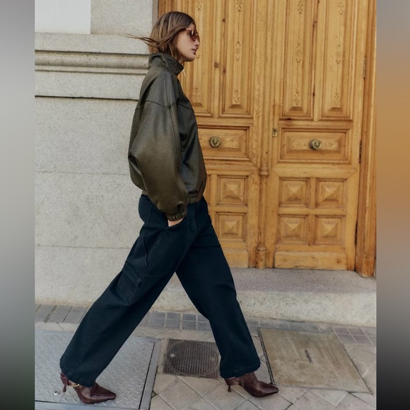 New ZARA Faux Leather High Collar Bomber Jacket - Picture 3 of 9